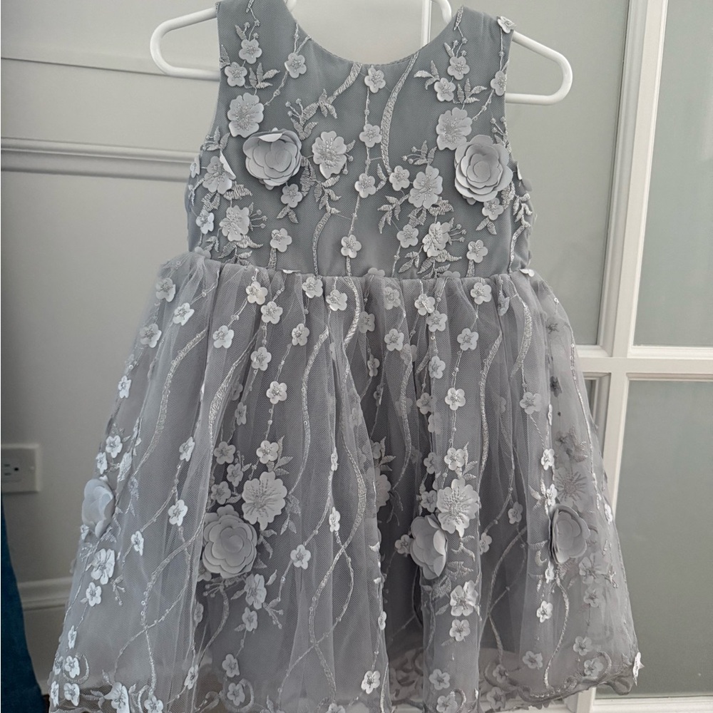 Popatu Gray Floral Toddler Tulle Dress